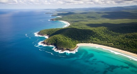 Aerial view of tropical island coastline.