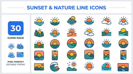 Sunset and Nature Line outline icon set. Featuring sun set, mountain view, beach horizon, twilight, and evening sky symbols. Editable stroke vector icons for landscape and outdoor scene design.