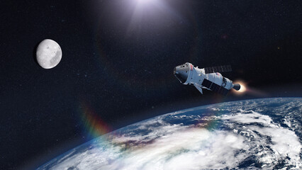 Spaceship Orion on low-orbit of Earth. Artemis II space program. Elements of this image furnished by NASA.