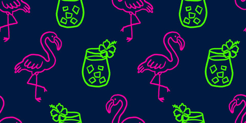 seamless pattern with neon flamingo and cocktail on dark background electric pink and green tropical night party vector texture