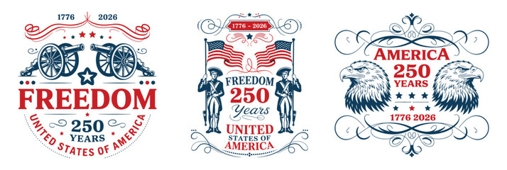 American 250 years anniversary patriotic vintage emblems and logos set.