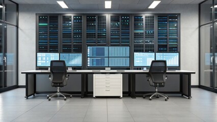 Modern data center control room with multiple monitors, sleek desks, and server racks in a clean, organized environment.