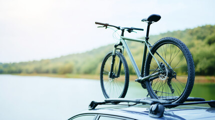 Bicycle attached to a car roof rack, overlooking a serene lake and lush hills, representing an adventurous spirit and exploration of the outdoors
