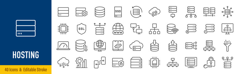 Hosting web icons in line style. Backup, hosting, transfer, domain, data, cloud service, website. Vector illustration.