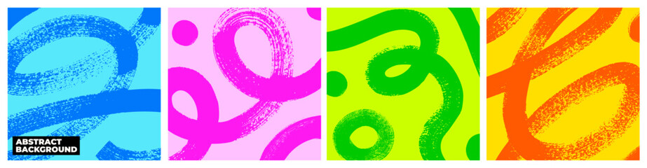 Colorful squiggle brush stokes poster or social post design. Hand drawn wavy organic kids organic geometric loop lines. Funky colorful bold squiggles, thick curved loop lines with circles.