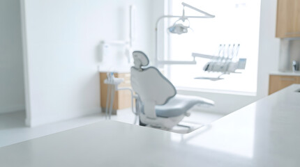 A modern dental chair sits in a clean, white dentist's office with a dental background, featuring a large window with natural light