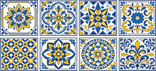 Mediterranean ceramic tile set with blue and yellow floral patterns, traditional Portuguese azulejo vector elements, 8 decorative mosaic tiles