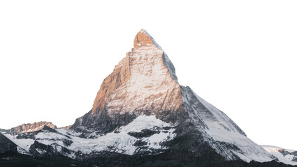 Majestic snow-capped Matterhorn mountain peak with rocky slopes, isolated on transparent background