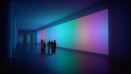 People observing large colorful digital wall in dark futuristic room. Concept of AI enhanced environments, data visualization spaces, immersive tech art installations, and design systems.