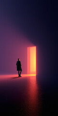Man standing near glowing portal doorway in dark futuristic minimal space. Concept of transition, opportunity, digital gateway, future environments and personal journey into unknown tech driven worlds