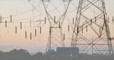 Towering pylons spanning lines across sunset by suburb edge, with substation lights and overlay