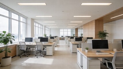 A modern office space with rows of desks and computers overlooks a city through large windows.