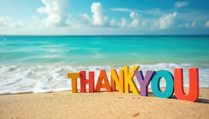 Colorful letters spell THANK YOU on sandy beach by turquoise ocean waves. A bright, cheerful message set against a beautiful summer seaside landscape.