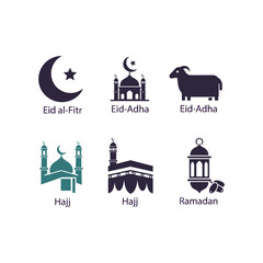 Islamic festivals and observances illustrated with symbols and icons