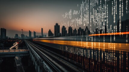 Cityscape with Train Tracks and Binary Code.