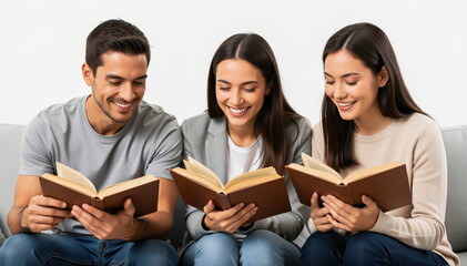 Shared Literary Moment: Three friends immersed in the world of books, a moment of shared joy in reading.