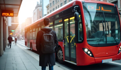 A male passenger boards a modern bus at an urban bus stop.
