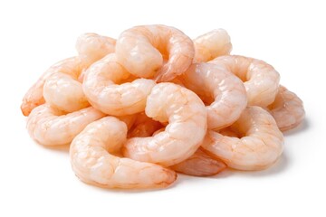 Close up of expertly peeled prawns against a pristine white background with clipping path for packaging use
