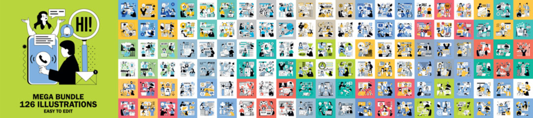 Mega set of flat concepts. Contains such business and finance, software development, marketing, education, medicine, SEO, shopping, startup, social media and more. Bundle vector illustrations.