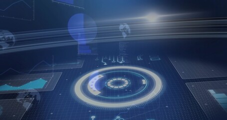 Pulsing central hologram radar interface showing concentric rings, arcs and panels on virtual grid