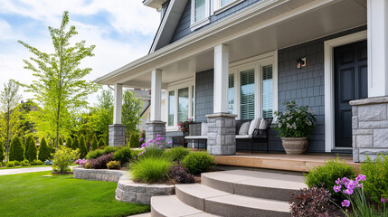 Modern suburban house exterior with a welcoming porch, manicured lawn, and stone accents, curb appeal and real estate concept, home exterior photography, with copy space