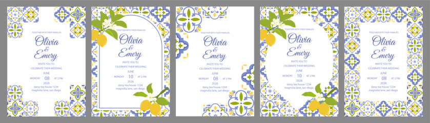 Mediterranean lemon wedding invitation template. Italian tile frame with citrus branches. Elegant blue azulejo border. Romantic summer wedding card. Amalfi Coast style vector design