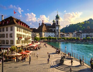 Lucerne Switzerland: A scenic cityscape view of the River Reuss and the historic city