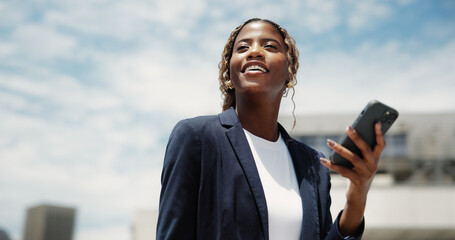 Thinking, business and black woman in city, cellphone for social media or ideas for news report. Low angle, person or journalist in street, smartphone or reflection for article or deadline for column