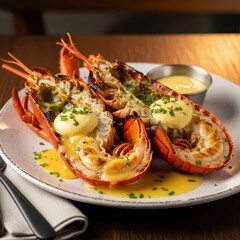 Delicious Grilled Lobster with Butter Sauce on Plate.