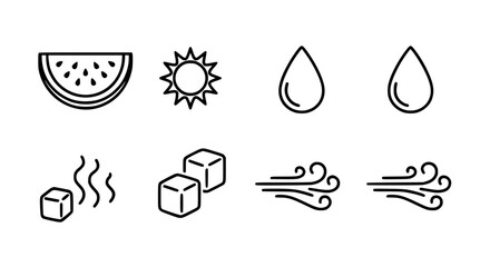 Weather and Nature Element Icon Set with Sun Water Drop Ice Cube and Wind in Clean Outline Style for Climate Design
