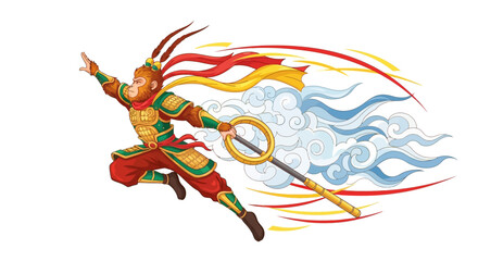 Vibrant vector art showing the Monkey King, a mythological figure wielding a magic wand and surrounded by swirling clouds, designed as an icon with a dynamic pose against a clean white