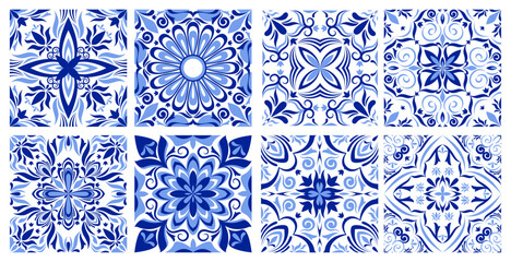 Greek mosaic tile pattern with traditional italian, spanish ornament, abstract vector borders on white background. Blue geometric design, floor or wall portuguese azulejo style, vintage floral motif