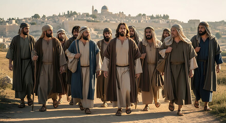 Biblical scene of Jesus Christ with his twelve apostles traveling on a rocky desert path toward the holy city of Jerusalem, ancient spiritual journey of religious men in traditional robes.