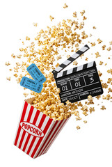 Cinema popcorn box with clapperboard and movie tickets