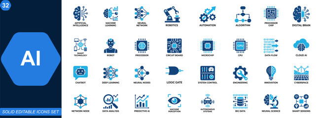 Artificial Intelligence AI icon set. Machine learning, neural network, robotics, automation, algorithm, processor chip, smart technology, digital brain. Editable icons collection. Vector.