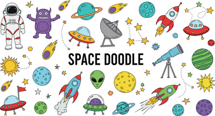 Colorful space doodle vector set with astronaut, alien, monster, rocket, UFO, planet, satellite, telescope, comet and star outer space collection