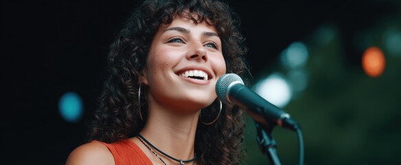 Female vocalist captivates fans with passion at indie music festival outdoors