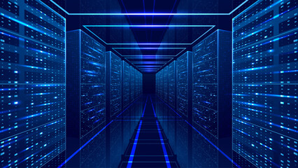 Data Server Room. Glass Mirror Floor. Modern Data Center. Glowing Server Racks and Flowing Digital Connections. Futuristic Cloud Infrastructure Visualization. Technology Background in Tech Blue Colors