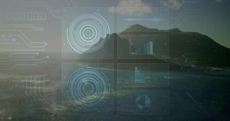 Displaying coastal ridge, dark ocean waves and shore lights at seaside overlaying HUD radar charts