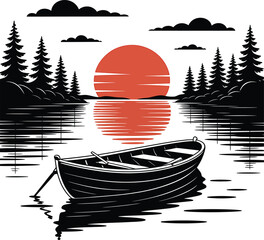 Wooden boat on lake during red sunset with forest pine trees silhouette and water reflections