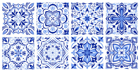Greek mosaic tile pattern with traditional italian, spanish ornament, abstract vector borders on white background. Blue geometric design, floor or wall portuguese azulejo style, vintage floral motif
