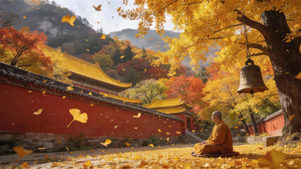 Autumn Serenity in Temple: A serene scene unfolds in a historic temple during autumn, where a monk meditates amidst the golden hues of falling leaves, offering a sense of peace and reflection. 
