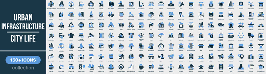 Urban infrastructure and city life icon collection in colored style. Set of urban infrastructure, transport, buildings, city services, architecture and public space icons