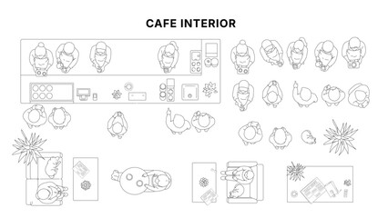 Top view architectural drawing of cafe interior with barista, customers and seating layout, floor plan style with furniture and people in clean minimal line illustration