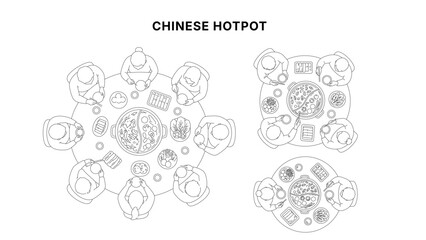 Top view line illustration of people sharing meal at dining table, chinese mala hotpot and dishes, social gathering and food concept in clean minimal outline style
