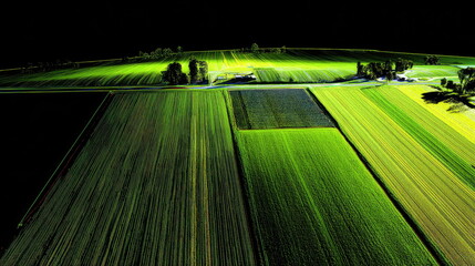 Green fields extending across a rural landscape, creating geometric patterns from an aerial perspective, highlighting sustainable farming and land development