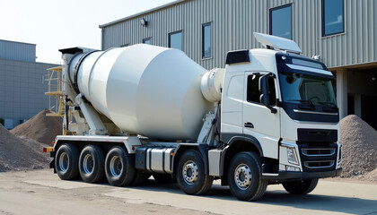 White concrete mixer truck parked outside industrial building. Large vehicle stands near piles of construction aggregate. Ready for ready-mix delivery to building site.