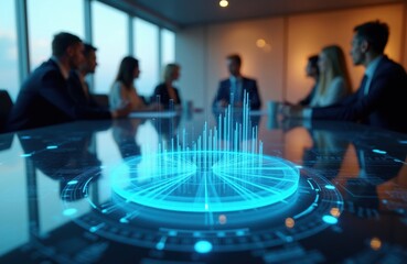 Business team in boardroom discusses strategy with holographic data projection. Futuristic tech shows charts and graphs on table. People in suits review finance information.