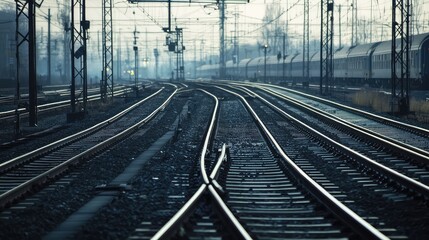 Multiple railway tracks converge at a busy, modern train station, highlighting the intricate network of lines and a long passenger train waiting in the background during evening light