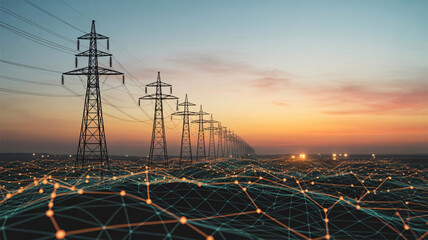 High voltage electricity pylons at sunset with a digital network surface, representing energy infrastructure and power grid connections